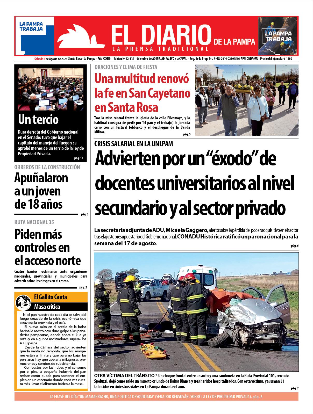 Tapa de El Diario en papel  saacutebado 08 de agosto de 2026